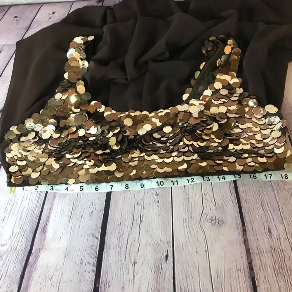 R&M Richards Gold Sequin Chocolate Tank Dress Bubble Hem Festive Concert Y2K 12 - Picture 10 of 11
